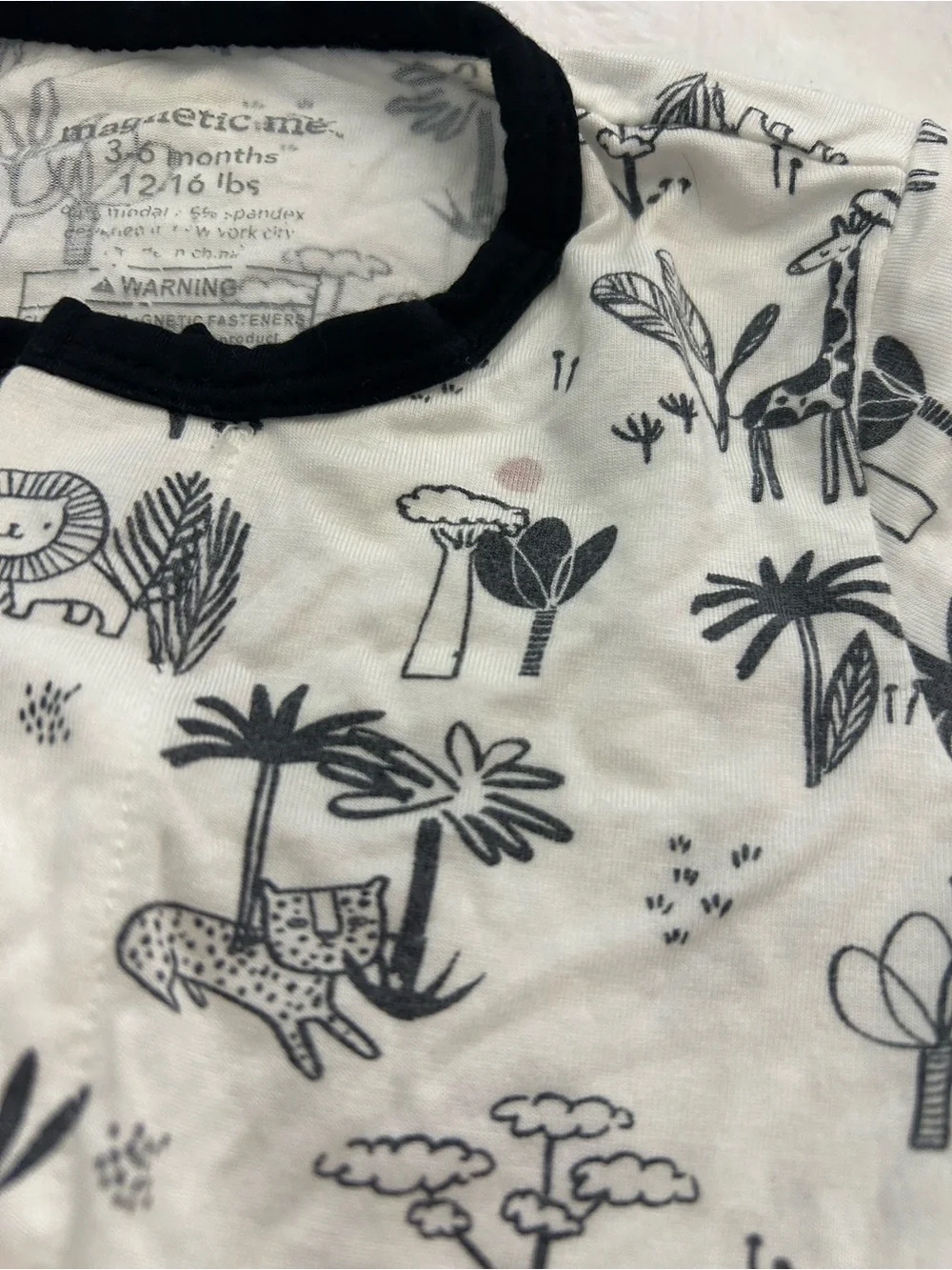 Magnetic Me White Footed One-Piece with Black Safari Print Sz 12-18m